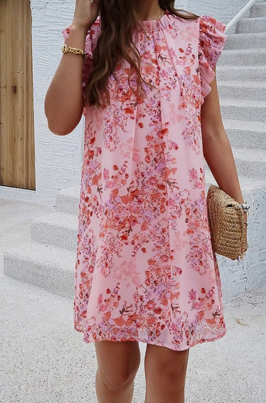Pink Floral Sleeveless Ruffle Elegant Dress - Ivy's Gifts & Boutique