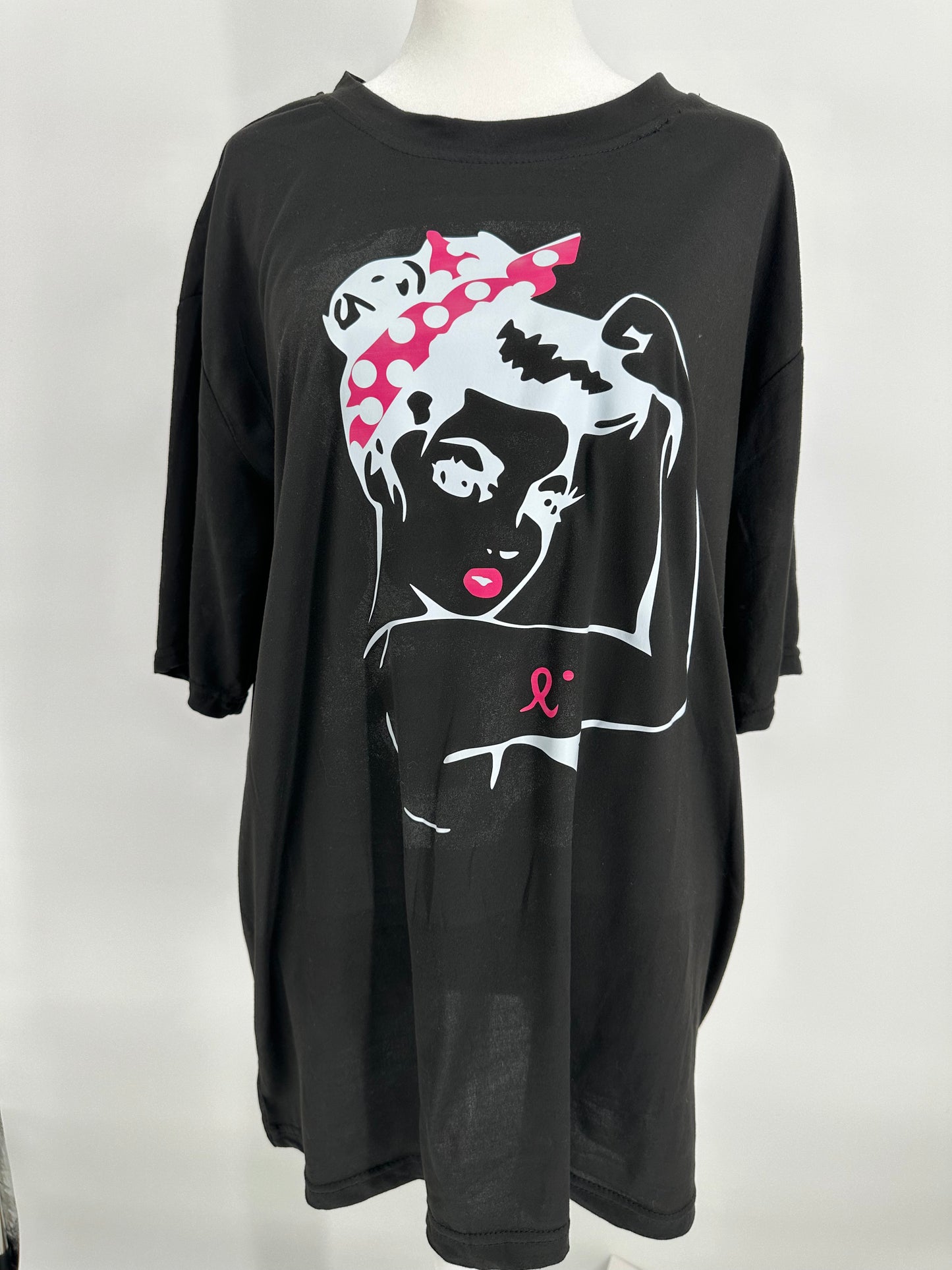 Black T-shirt Pink Ribbon Tattoo Lady