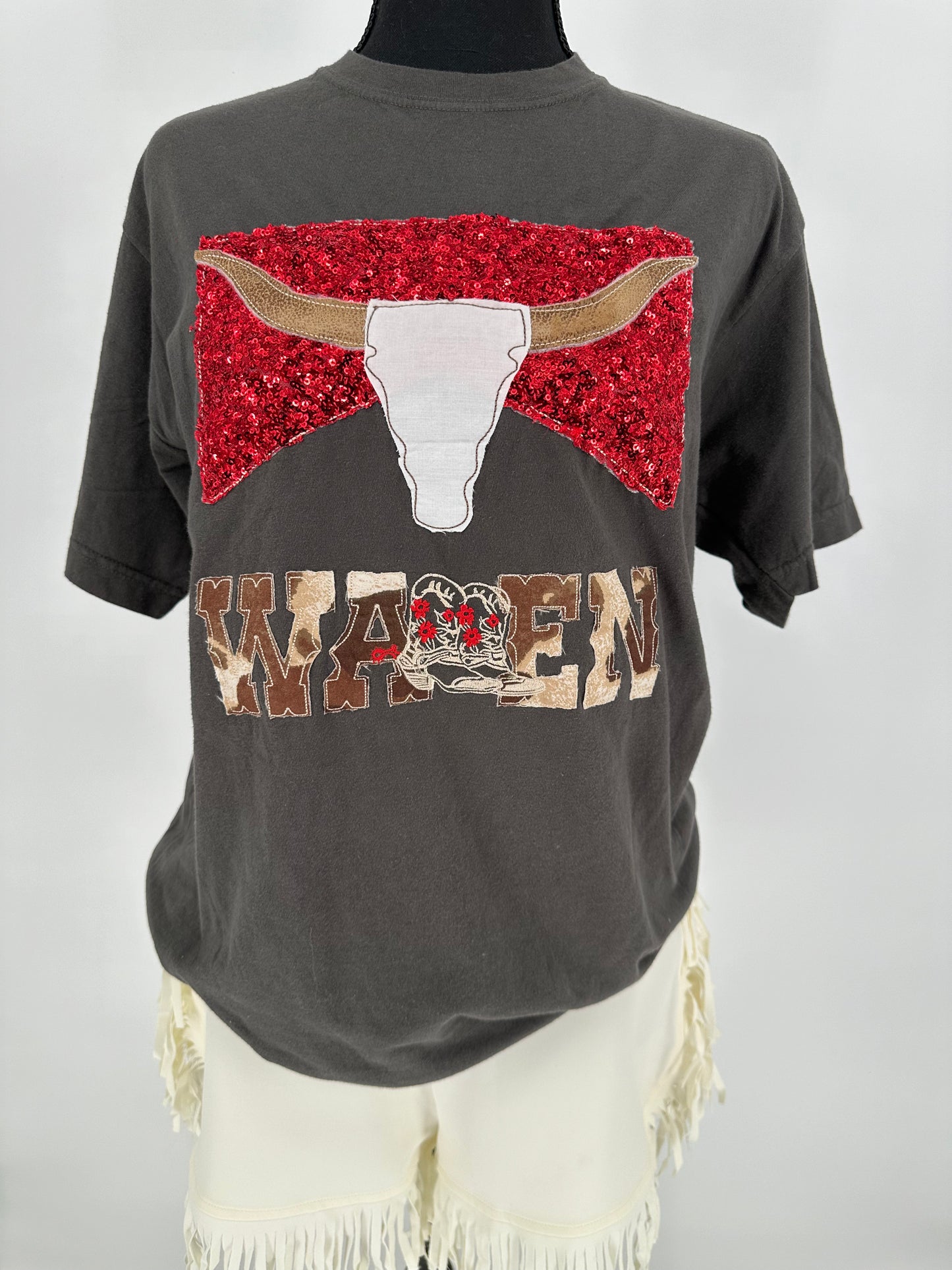 Gray Vintage Wash Wallen Tee with Red Sequins