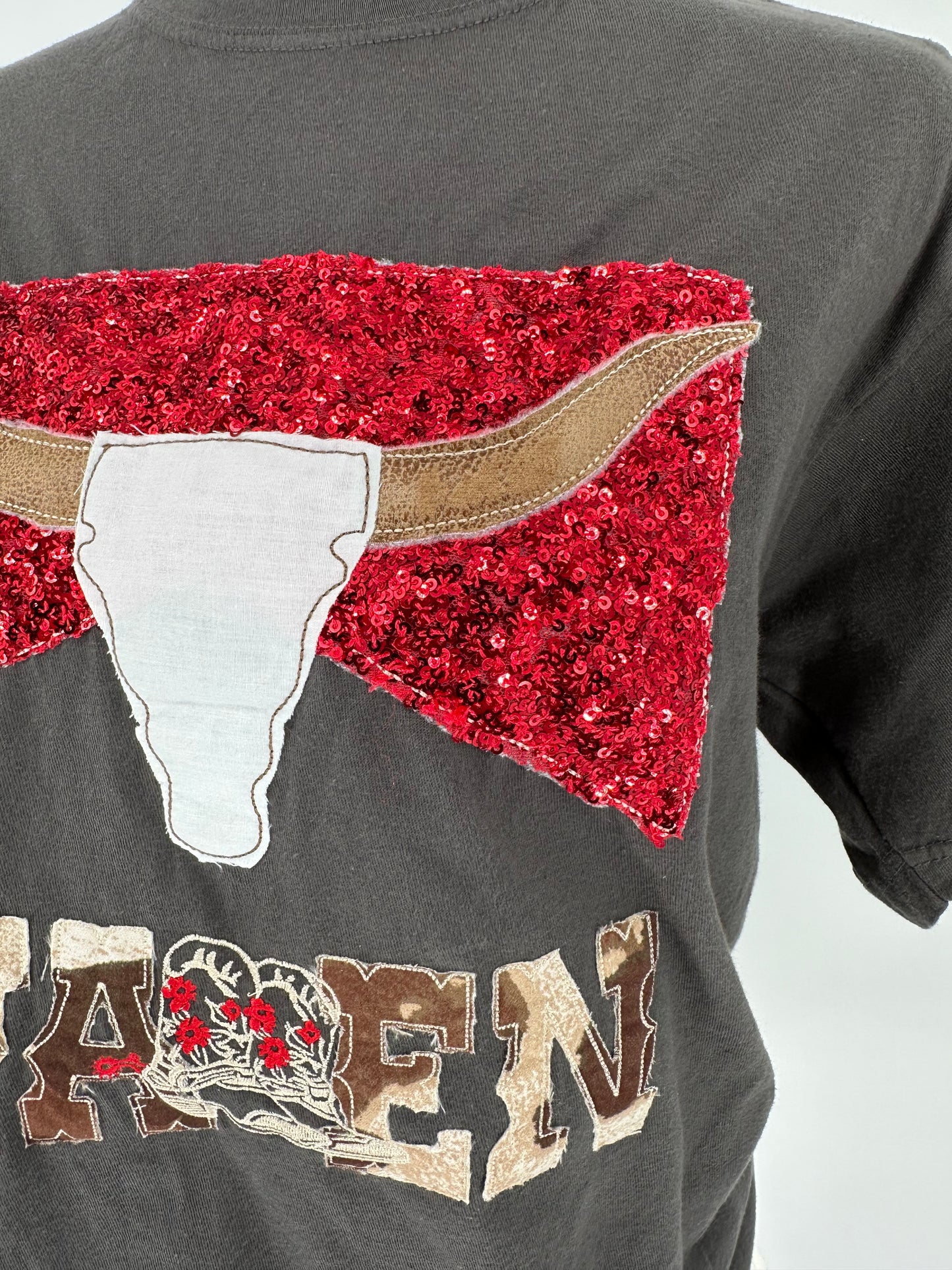 Gray Vintage Wash Wallen Tee with Red Sequins