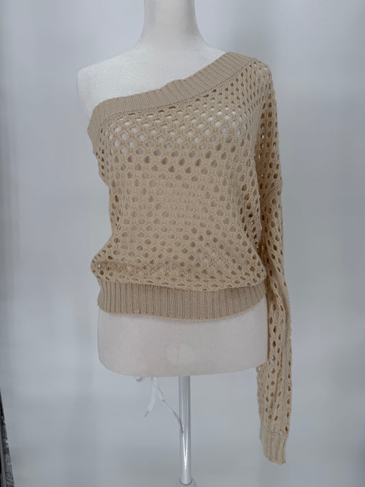 Umgee Beige One Shoulder Loose Weave Sweater