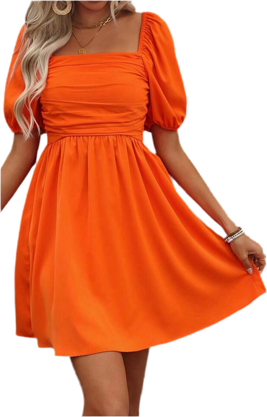 Orange Dress with Puff Sleeves and Elastic Back