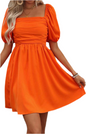 Orange Dress with Puff Sleeves and Elastic Back
