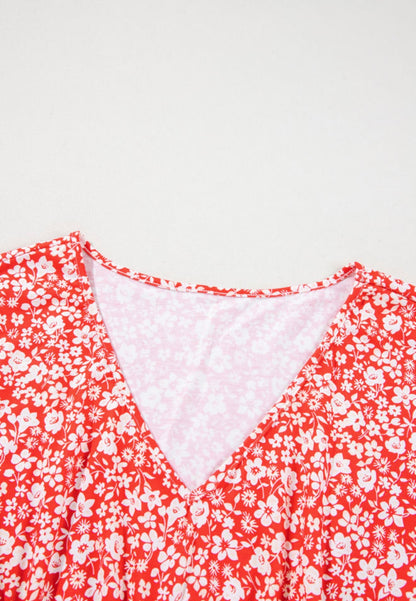 PP30 Red Flare Sleeve V Neck Top with White Floral Detail
