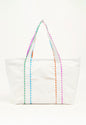 White tote bag with colorful ricrac trim from Ivy's Gifts & Boutique, showcasing a spacious design and vibrant decorative details.
