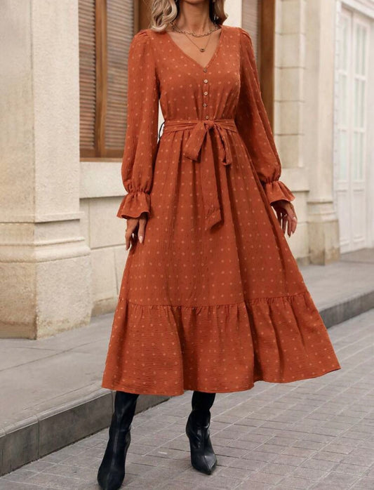 Long Sleeve Textured Rust Belted Dress