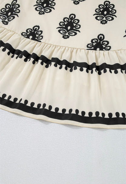 Ivory and Black Print Dress with Back Tie at neck