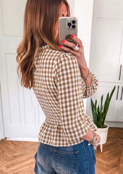 BGEB Brown Gingham Print Elastic Bodice Blouse