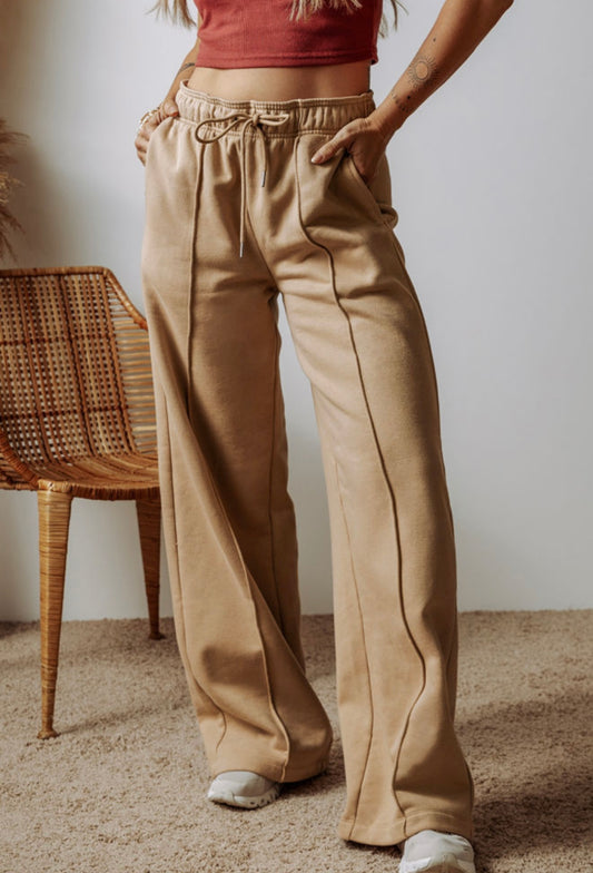 Tan wide leg sweatpants with pockets