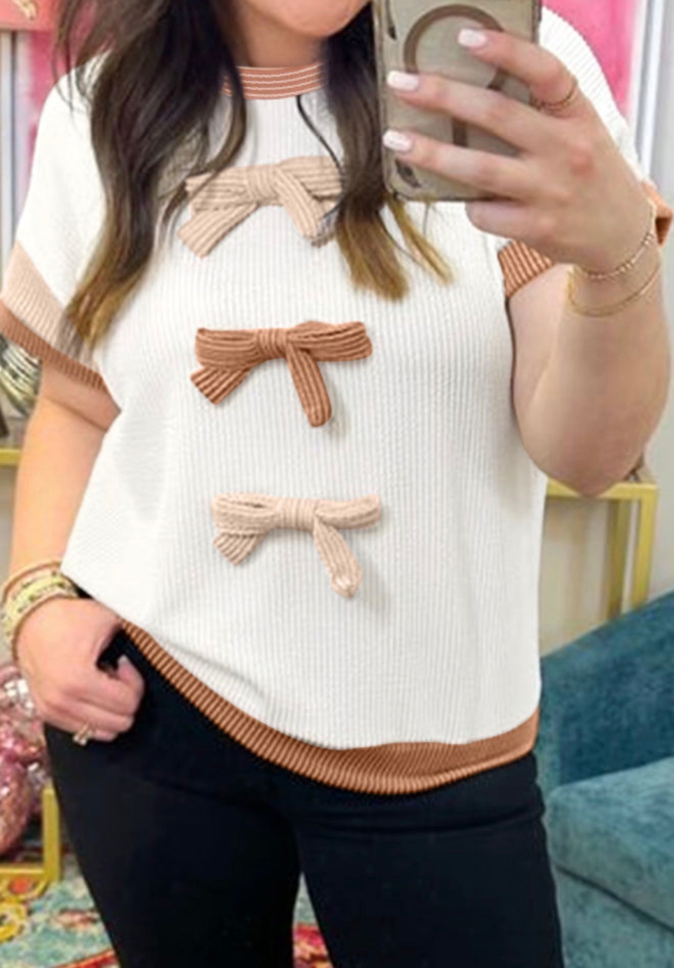 PP15 Bow Knot Detailed Ribbed Top with Short Sleeves in Natural Monotone Colors
