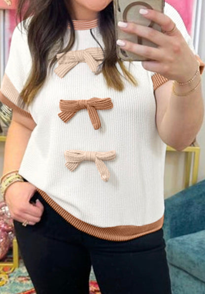 PP15 Bow Knot Detailed Ribbed Top with Short Sleeves in Natural Monotone Colors