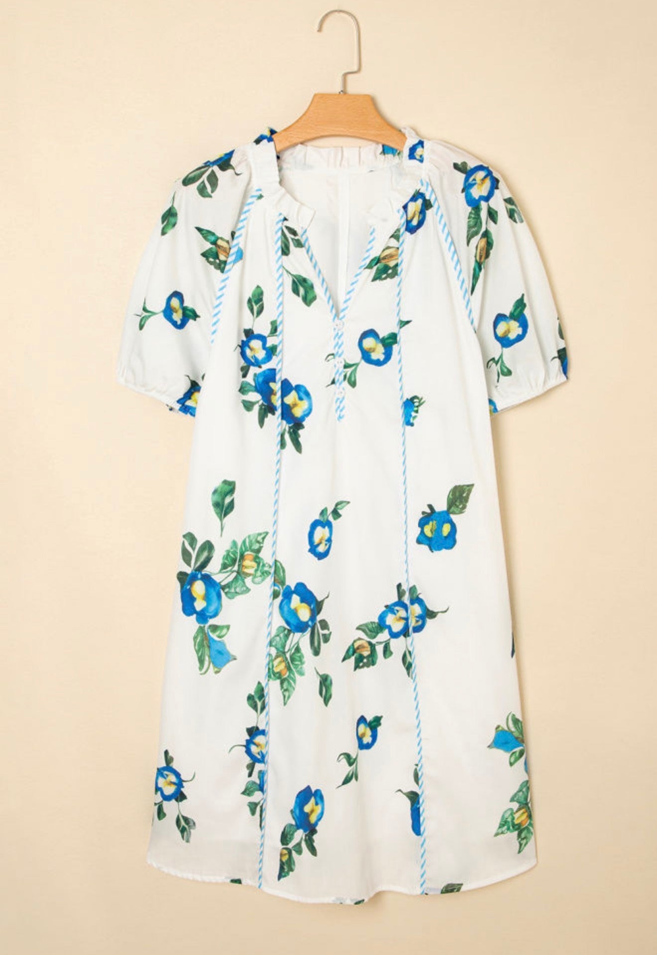 PP34 White Dress with Blue Floral Print and Contrast Tie V Neck and Puff Sleeves