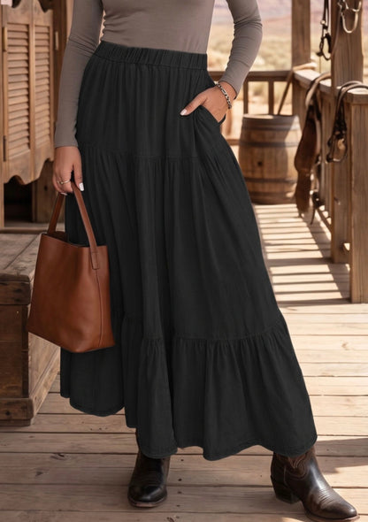 MLBS Black Tiered Hem Maxi Skirt with Elastic Waist