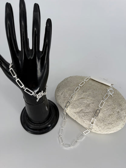 Trezo Silver Rectangle Link Necklace and Bracelet with Toggle Style Closure