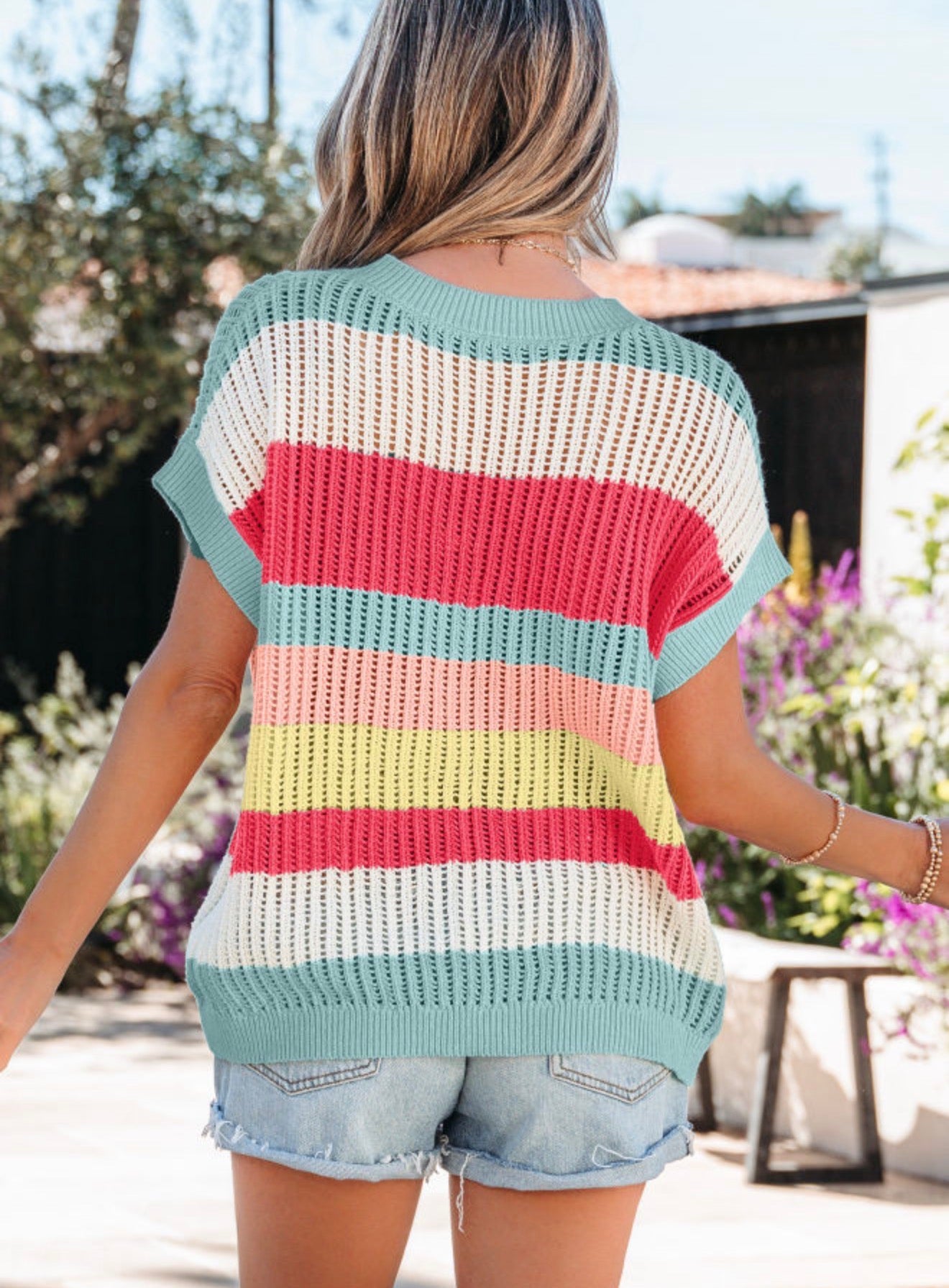 Multi-color striped short sleeve open weave sweater from Ivy's Gifts & Boutique, featuring a lightweight, breathable design.