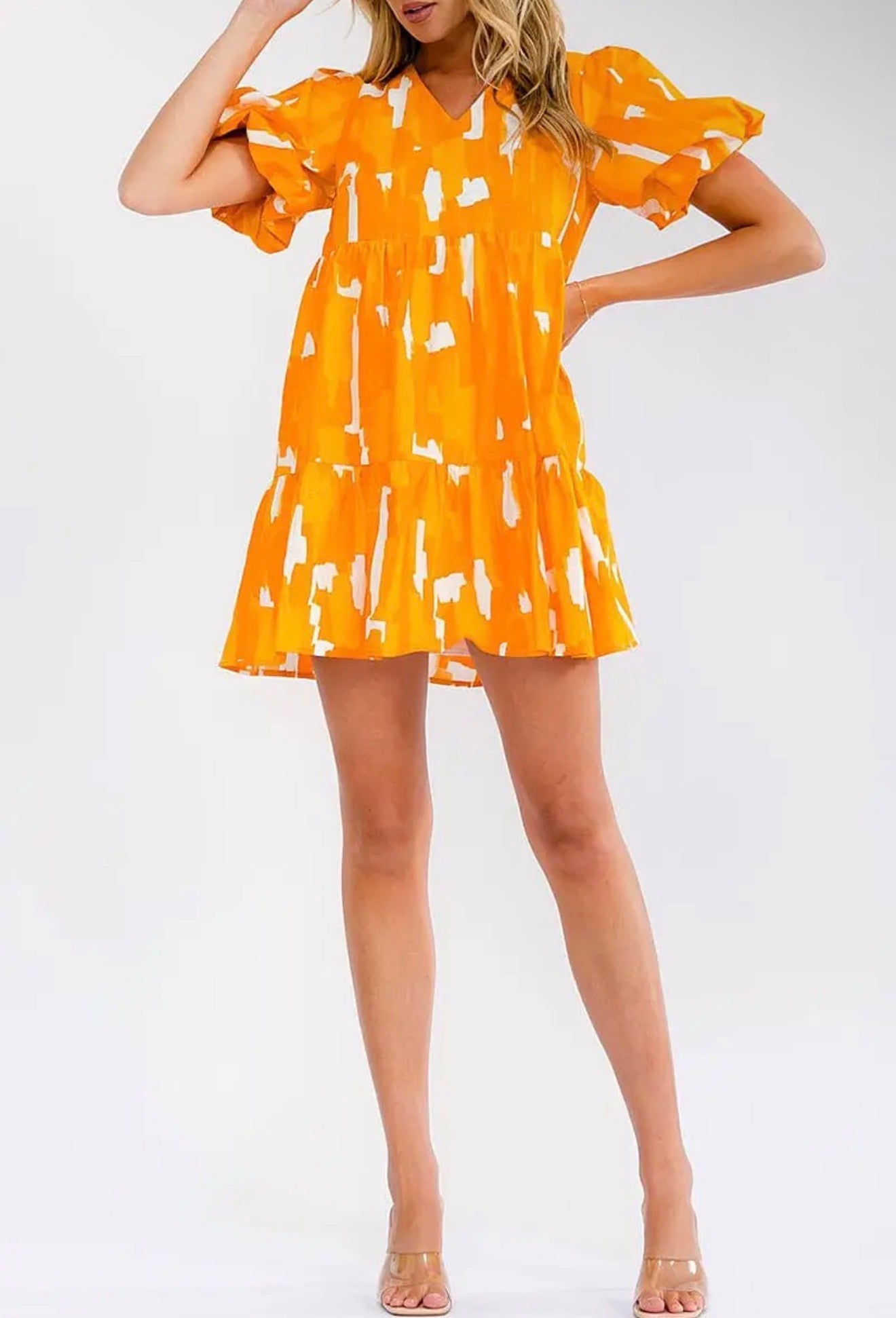 OWDF Orange and White Puff Sleeve Swing Dress