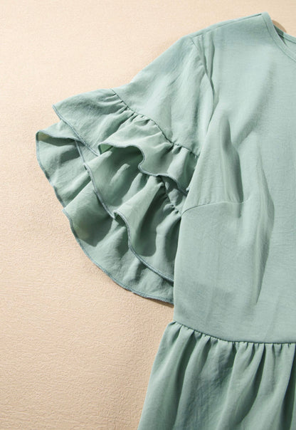 PP33 Petal Design Ruffle Short Sleeve Mini Flared Dress with Keyhole Back Closure