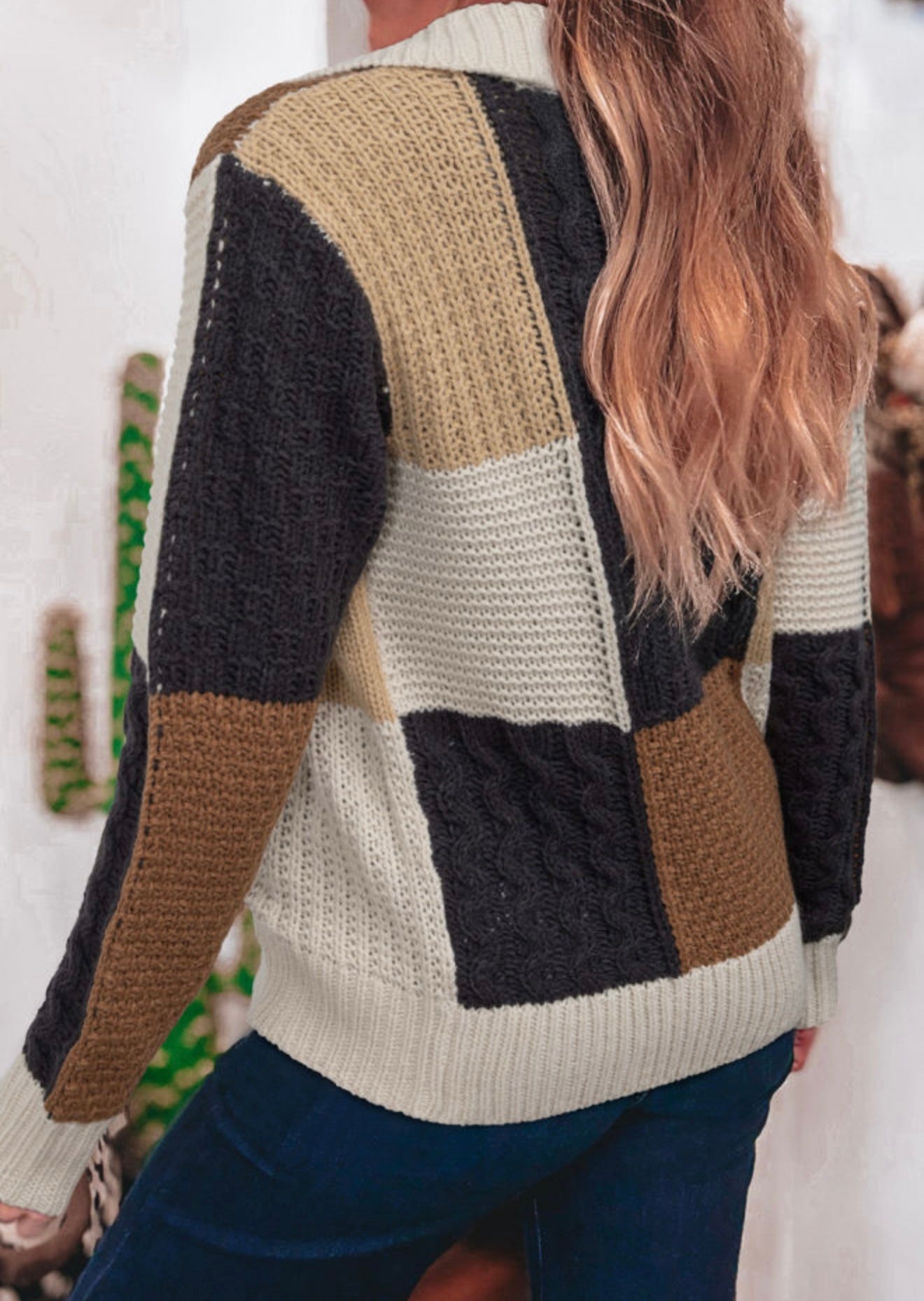 Cream Black Brown and  Khaki Color Block Button Sweater