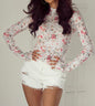 Sheer Floral Print Mock Turtle Neck Cropped Top
