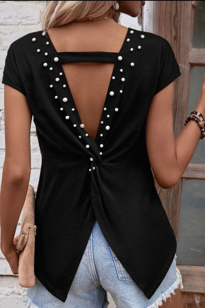 Black Top with Pearl Embellished Deep V Back