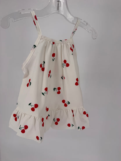 CH4 Infant Toddler White Spaghetti Strap Dress with Cherry Print and Ruffle Hem