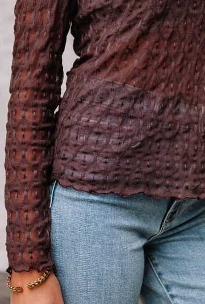 A63 Coffee Color Lattice Design Sheer Long Sleeve Top - Ivy's Gifts & Boutique