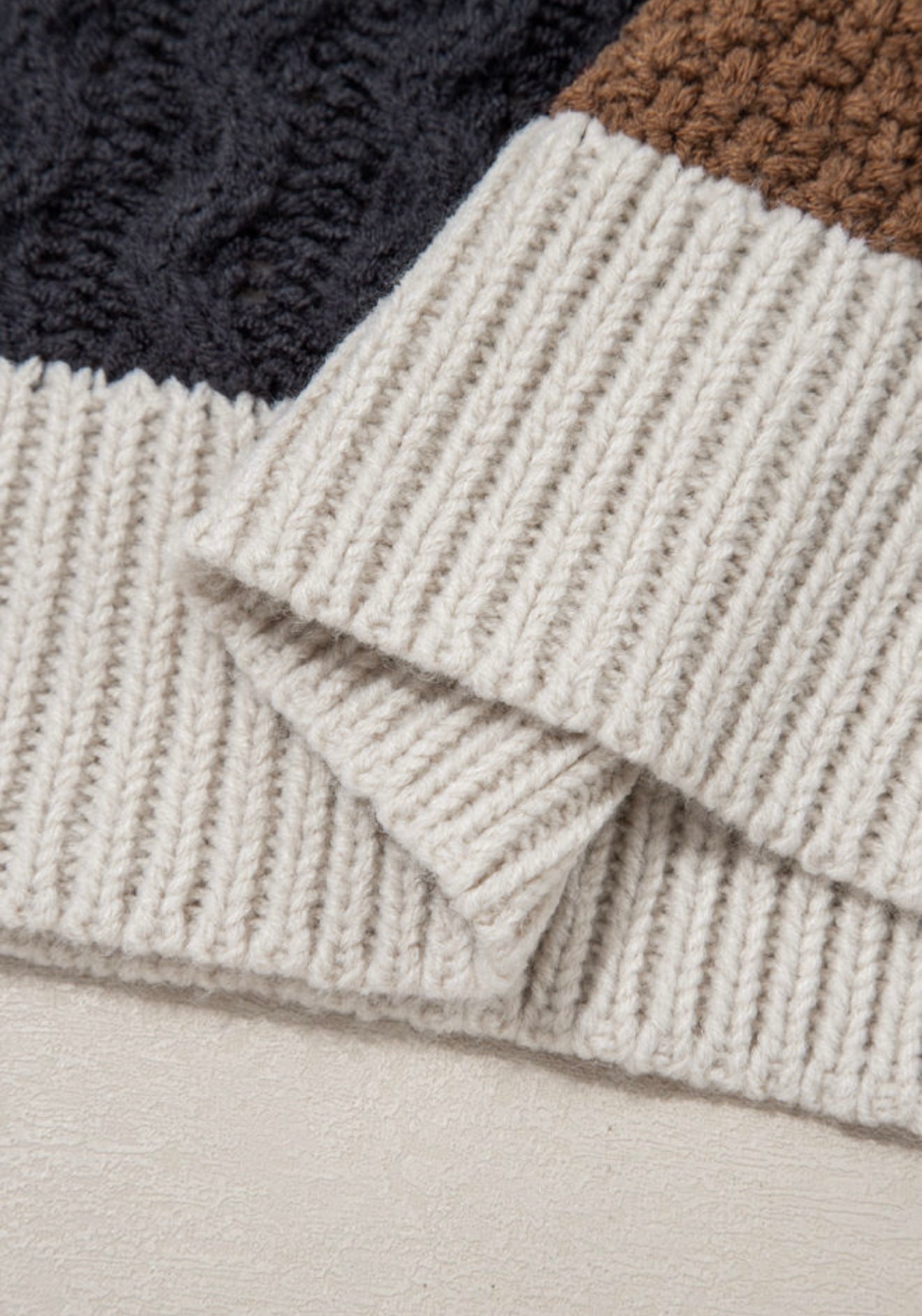 Cream Black Brown and  Khaki Color Block Button Sweater