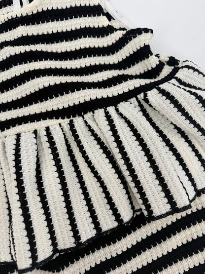 CH1 Children's Black and Cream Stripe 2pc Short Set with Bow Accents and Ruffle Hem