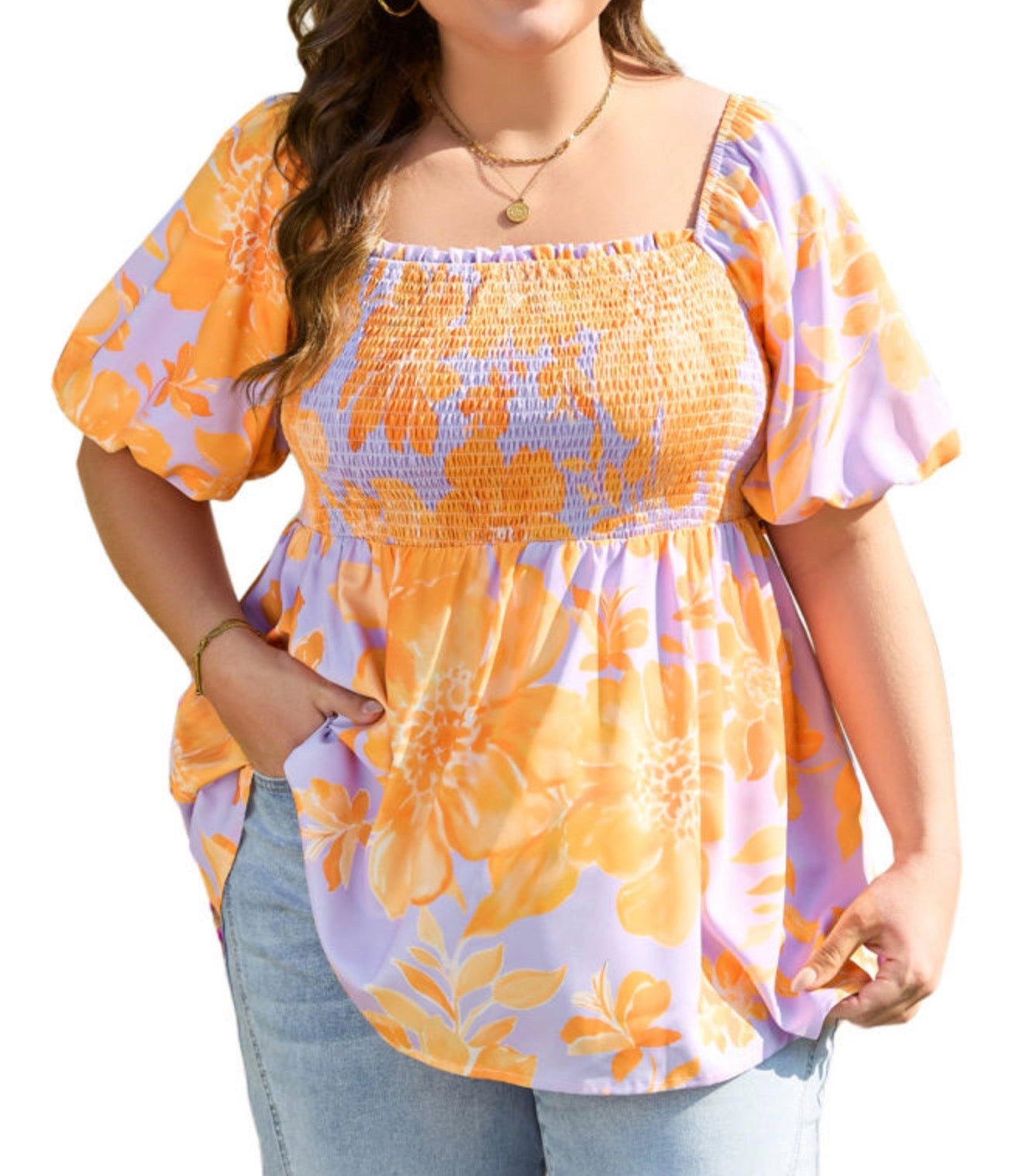 PP31 Purple and Orange Floral Square Neckline Puff Sleeve Top with Gathered Elastic Bodice for Flattering Fit