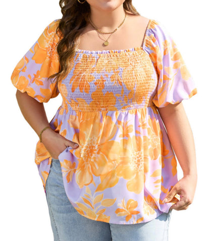 PP31 Purple and Orange Floral Square Neckline Puff Sleeve Top with Gathered Elastic Bodice for Flattering Fit