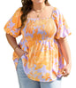 PP31 Purple and Orange Floral Square Neckline Puff Sleeve Top with Gathered Elastic Bodice for Flattering Fit