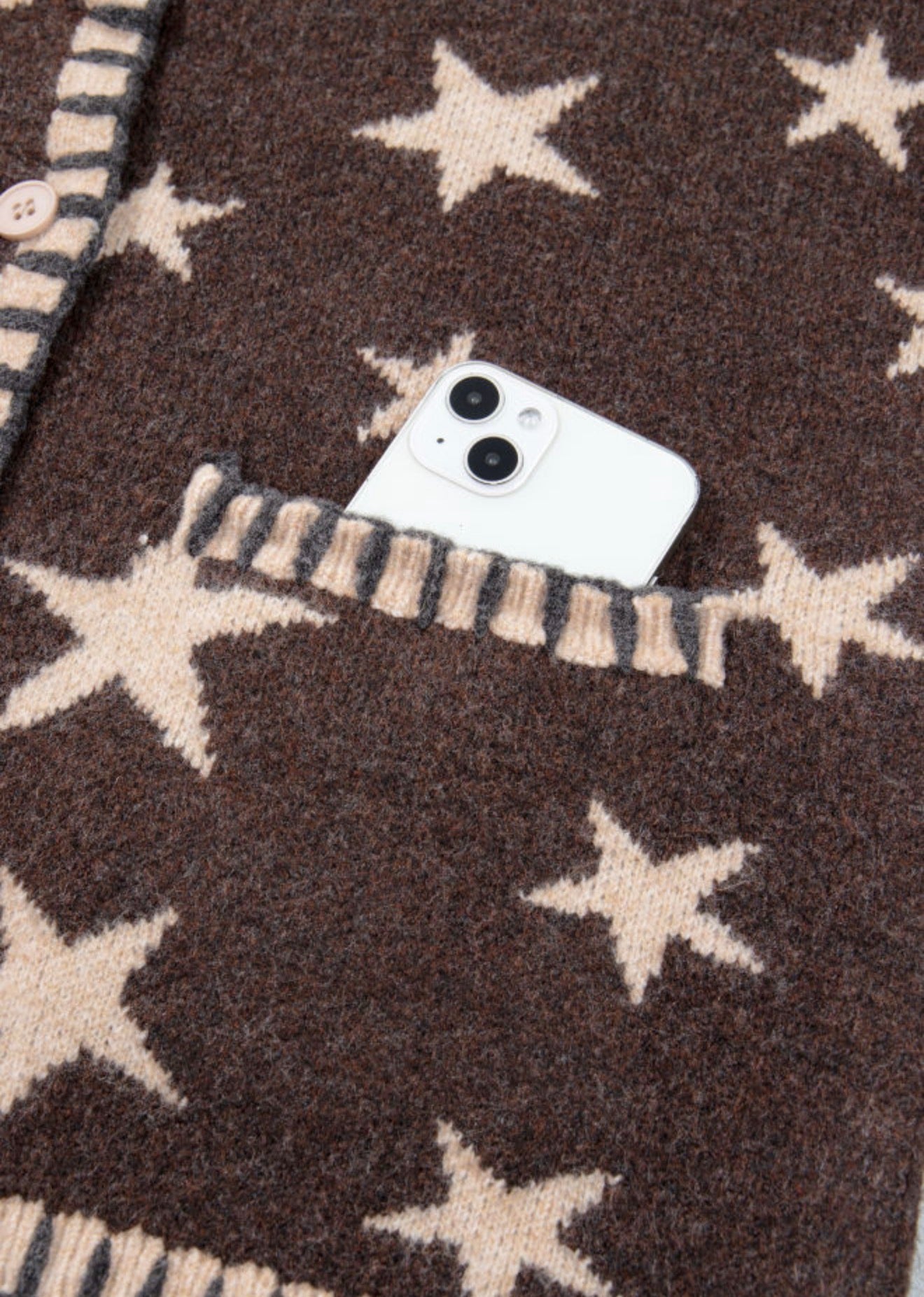MLSS Brown Button Up Cardigan Sweater with Star Details and Blanket Stiching on Pockets,Cuffs, Neck and Hem