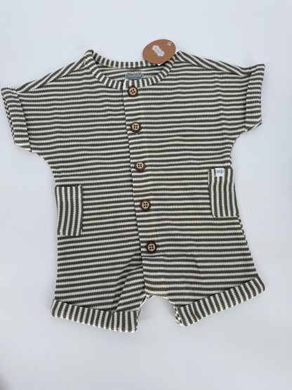 Olive Green Stripe Romper with Side Pockets and Buttons by Mudpie
