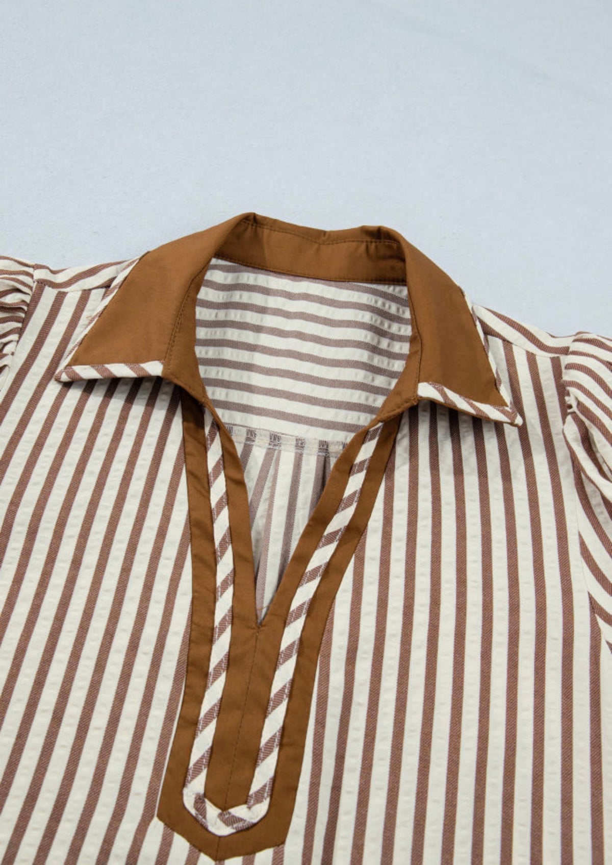 MLBS Brown and White Stripe Dress with Short Puff Sleeves Collar and Split Neckline