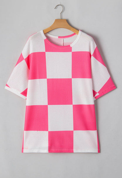PP29 Hot Pink and White Rib Texture Checkerboard Top with Drop Shoulder and Short Sleeves