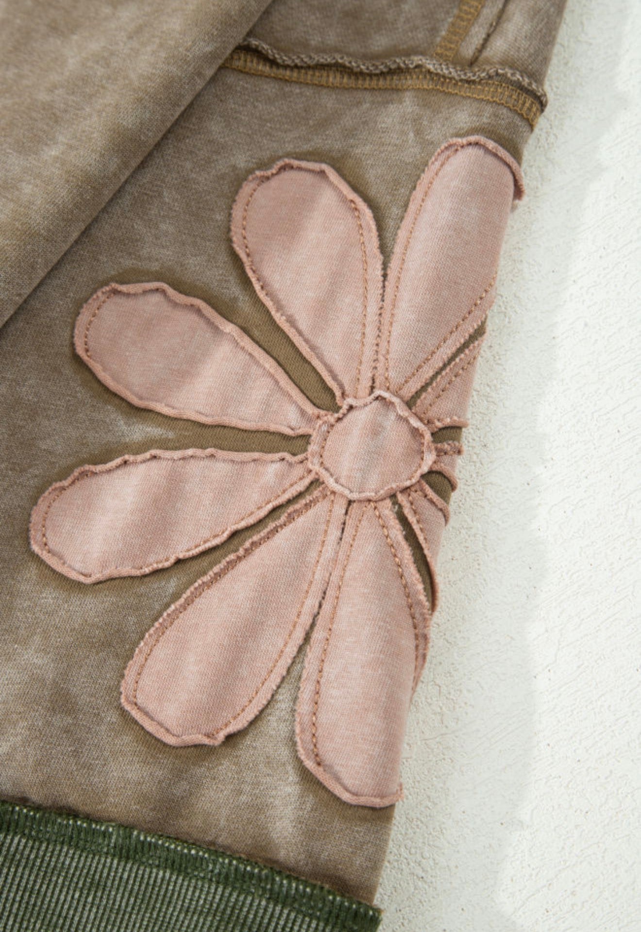 MLFT Acid Wash Olive Green Oversize Top with Flower Detail and Exposed Stiching