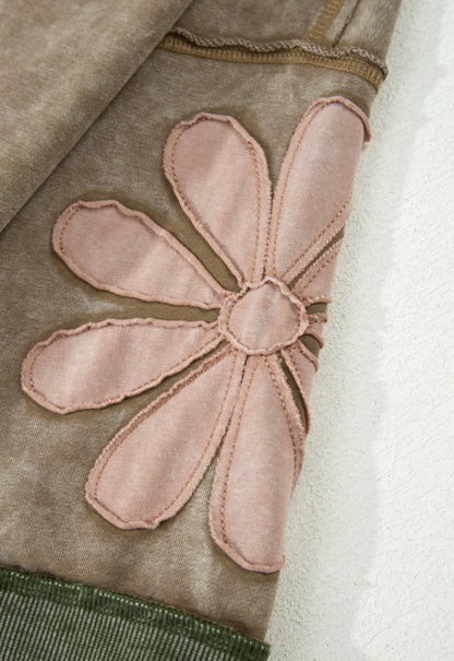 MLFT Acid Wash Olive Green Oversize Top with Flower Detail and Exposed Stiching