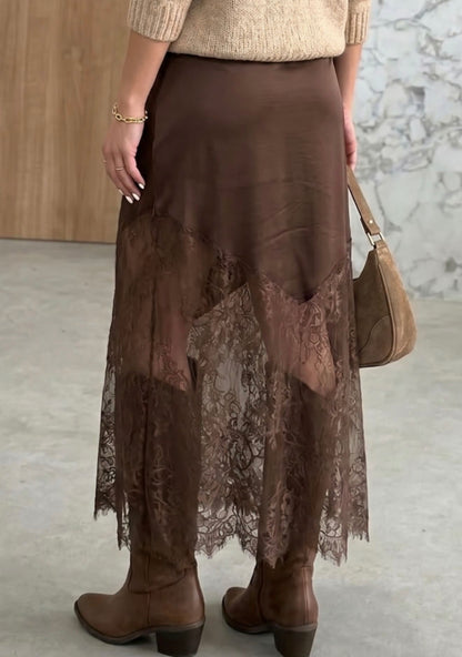 MLLS Chocolate Brown Lace Detailed Long Skirt