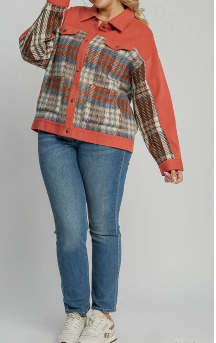 Umgee Burnt Orange Jacket with Plaid Contrast