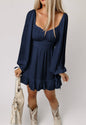 A20 Navy Ruffle Hem Dress with Waist Tie