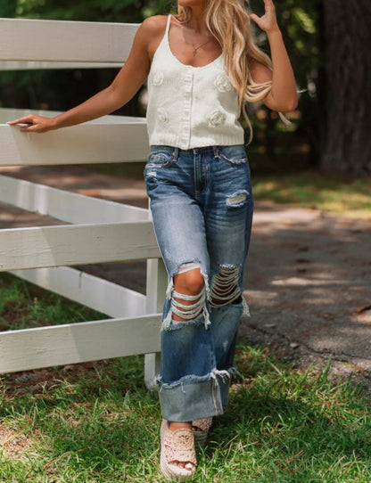 A61 Ivory Spaghetti Strap Cropped Sweater with Crochet Flowers - Ivy's Gifts & Boutique
