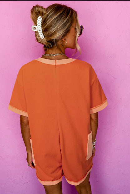 Orange Romper with Peach French Terry Trim and Oversized Pockets