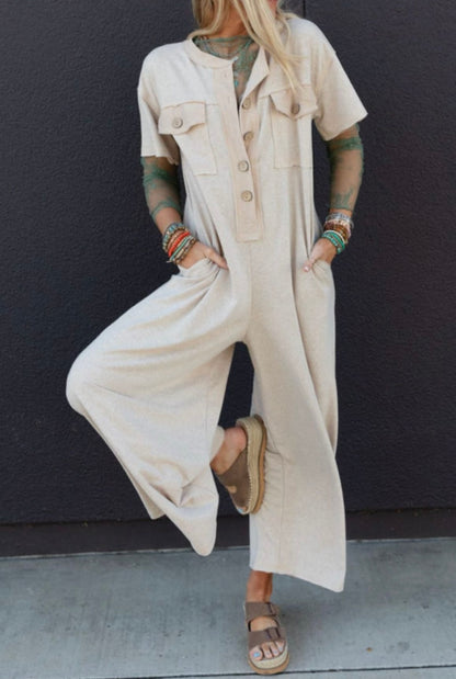 Natural Tone Jumpsuit with Buttons and Pockets