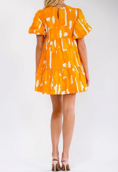 OWDF Orange and White Puff Sleeve Swing Dress