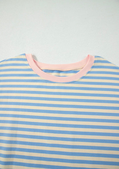 Sky blue drop shoulder stripe top with baby pink contrast trim around the neck, by Ivy's Gifts & Boutique.