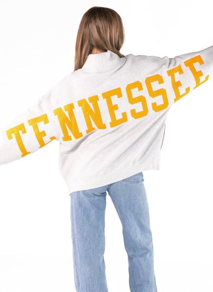Ivy's Gifts & Boutique SSTN Tennessee mock turtle neck sweatshirt, super soft, gray knit with ribbed collar and cuffs, cozy casual wear.