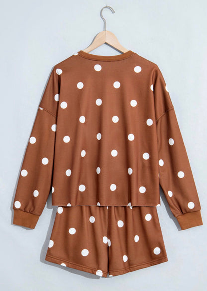 MLBPS Brown Large Polka Dot 2 Piece Skort Set with Long Sleeves Medium Weight Fabric and Pockets