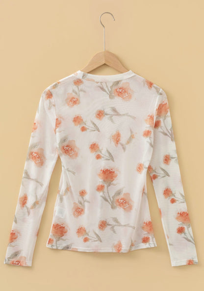 PP9 Sheer Long Sleeve Plus Size Top with Misty Peach Floral Print