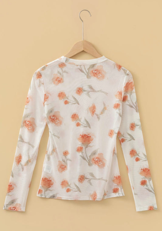 PP9 Sheer Long Sleeve Plus Size Top with Misty Peach Floral Print