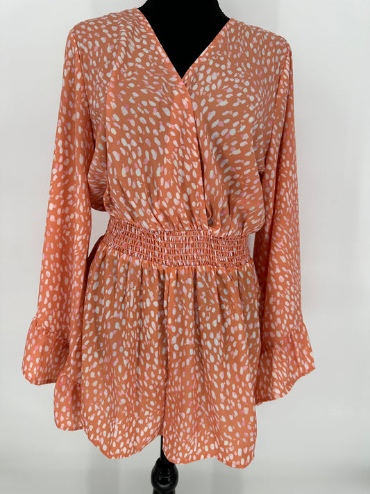 Orange Romper with Long Bell Sleeves and Cinched Elastic Waist